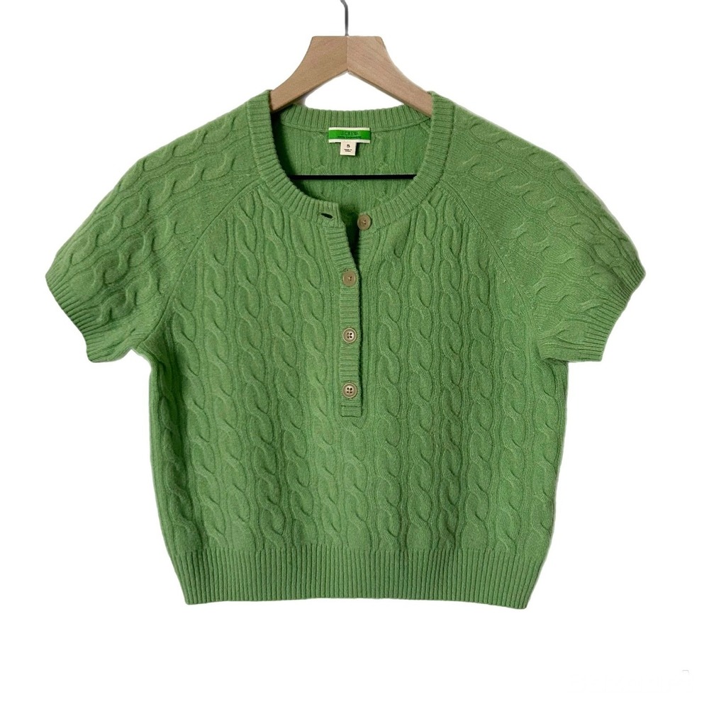 J.Crew 100% Cashmere Cable Knit Henley Short Sleeve Cropped Sweater Green Small - Picture 2 of 7